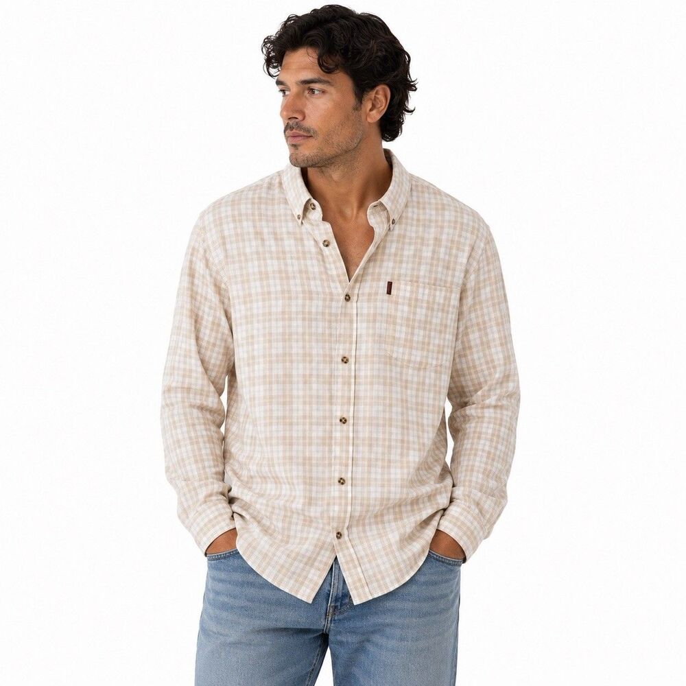 New Chaps Khaki Check Pattern Cotton Blend Button Down Shirt Men's Sz XXL Casual